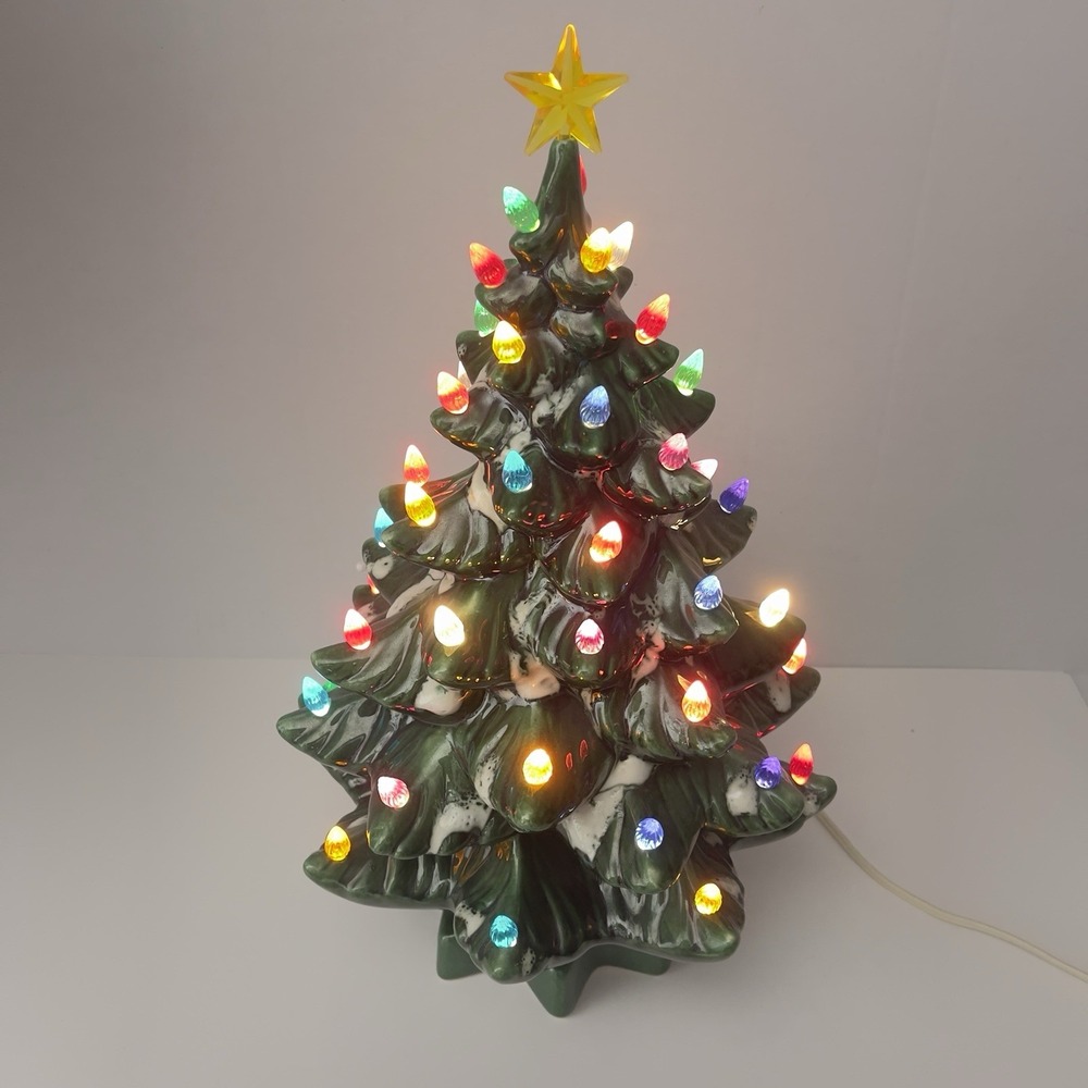 Vintage 16" Ceramic Lighted Christmas Tree Green Snow Multi-Color Lights & Star